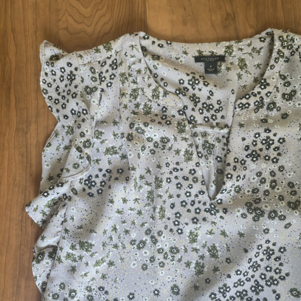 Ann Taylor Factory Floral Ruffle Sleeve Blouse - Grey and Green - Picture 3 of 10